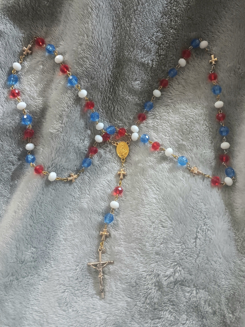 Gold Tone Handmade Rosary with Red, Blue and White Beads